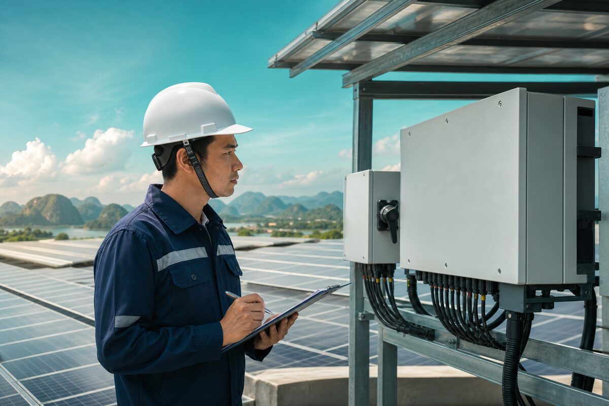 Kỹ thuật viên O&M kiểm tra inverter solar định kỳ tại hiện trường